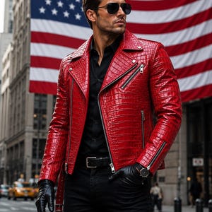 Luxury Men's Glossy Red Crocodile Embossed Leather Biker Jacket Stylish Motorcycle Street Fashion