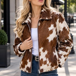Handmade Cowhide Leather Jacket, Hair On Hide Western Jacket for Men Women, Brown White