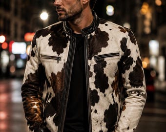 Chaqueta vaquera para hombre de piel de vaca, piel de poni con pelo, abrigo de piel con estampado de vaca auténtica