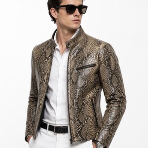 Premium Men's Brown Python Snakeskin Leather Jacket Slim Fit Stand Collar Zippered Pocket Design
