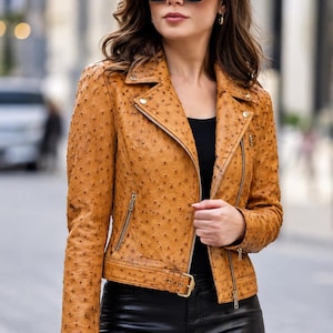 Women's  Ostrich Leather Jacket Genuine Luxury Cropped Biker Coat Handmade