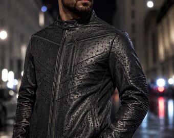 Schwarze Bikerjacke aus Straußenleder für Herren | Motorradjacke aus echtem Leder