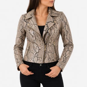 Blouson en cuir python pour femme | Veste motard en peau de serpent | Streetwear de luxe