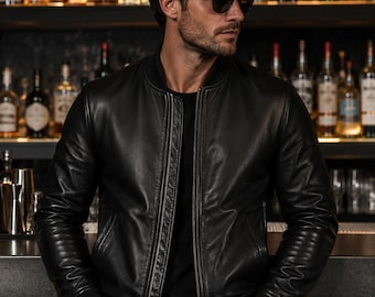 Chaqueta bomber de piel de cordero negra para hombre – Abrigo estilo universitario de piel auténtica – Prenda de abrigo clásica