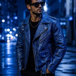 Veste de motard élégante pour homme, en cuir bleu métallisé imprimé serpent, style urbain.
