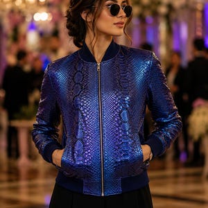 Peut inclure: Un blouson bomber bleu métallique avec un motif texturé en peau de serpent, une fermeture éclair centrale argentée et des bords-côtes bleu foncé unis au col, aux poignets et à la taille. La veste possède deux poches latérales et des manches longues.