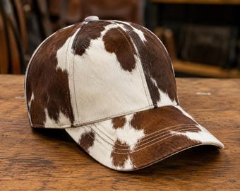 Cowhide Print Leather Baseball Cap | Handmade Genuine Leather Adjustable Western Hat