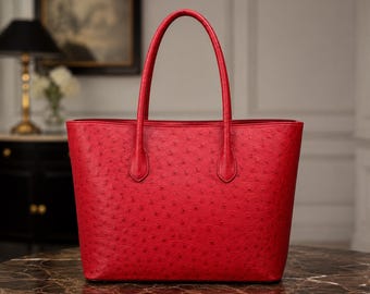 Bolso de hombro estructurado de lujo vintage en piel auténtica de avestruz roja italiana