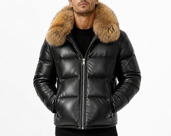 Chaqueta acolchada de cuero negro para hombre con capucha de piel y cremallera, abrigo de invierno cálido.