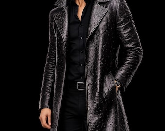 Abrigo largo de piel sintética de avestruz negra para hombre, elegante chaqueta de estilo urbano.