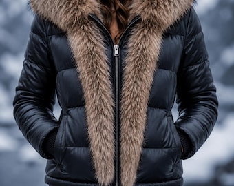 Women's Genuine Leather Puffer Jacket with Faux Fox Fur Hood | Luxury Winter Leather Coat | Lederjacke Damen
