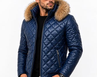Chaqueta de cuero acolchada azul con estampado de rombos para hombre, elegante, con capucha de piel sintética y cremallera, abrigo de invierno.