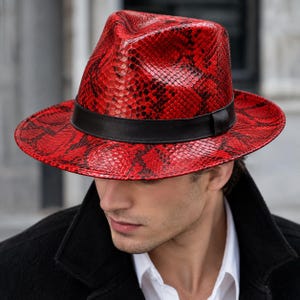 Men’s Red Snake Print Leather Fedora Hat Luxury Handmade Stylish Fashion Hat for Men