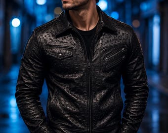 Chaqueta bomber con capucha de piel de avestruz negra para hombre, hecha a mano, con cremallera, estilo casual urbano, abrigo de invierno.