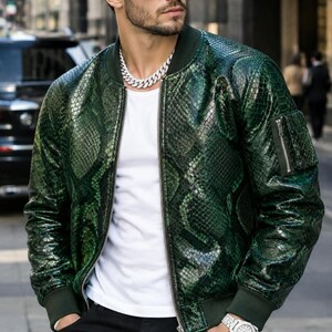 Green Python Leather Bomber Jacket, Men’s Exotic Snake Skin Jacket