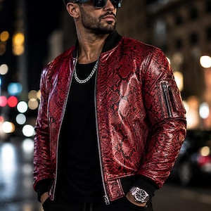 Veste en cuir imprimé serpent pour homme, vêtement d'extérieur tendance fait main