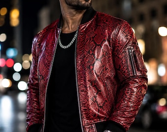 Chaqueta de cuero para hombre con estampado de serpiente, hecha a mano, prenda de abrigo de moda.
