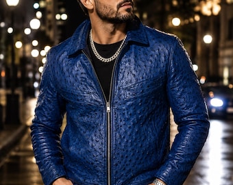 Chaqueta de piel azul con relieve de avestruz para hombre / Abrigo de moda de corte ajustado