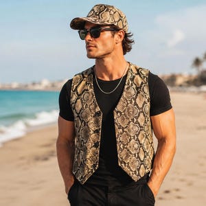 Men’s Python Leather Vest and Matching Cap Set, Burgundy Exotic Biker Outfit