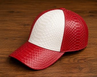 Gorra de béisbol de piel de serpiente pitón roja y blanca / Gorra ajustable de estilo vintage