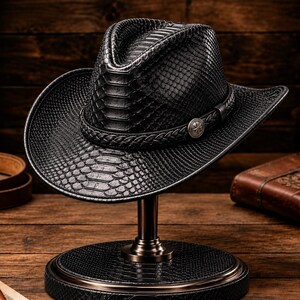 Handmade Python Pattern Leather Cowboy Hat: Western Rancher Style for Men