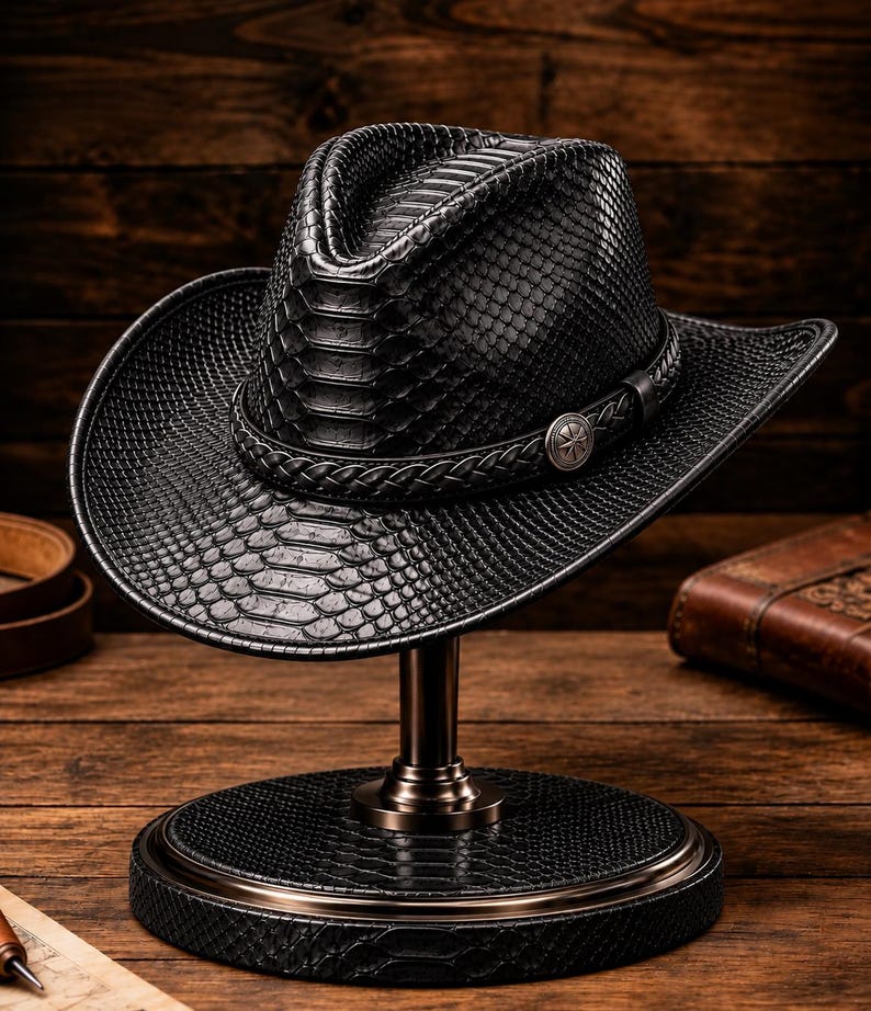 Handmade Python Pattern Leather Cowboy Hat: Western Rancher Style for Men