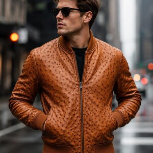 Men's Handmade Ostrich Leather Jacket Luxury Exotic Outerwear