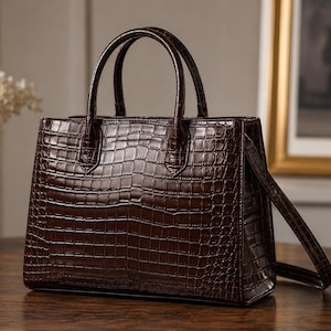 May include: A dark brown handbag with a glossy finish and a textured crocodile skin pattern. The bag features two top handles, a structured rectangular shape, and a detachable shoulder strap attached to the side, showcasing a polished appearance.