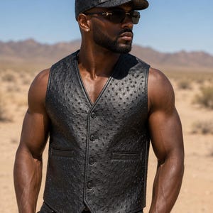Handmade Genuine Ostrich Leather Vest and Baseball Cap Set Men's Exotic Luxury set