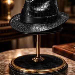 May include: A black fedora hat with a textured crocodile skin pattern and a smooth black leather band featuring a side buckle. The hat is displayed on a gold-toned metal stand with a circular black base and a polished gold rim, resting on a surface.