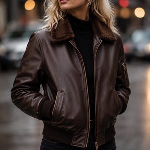 Women's Brown Shearling Leather Aviator Jacket with Fur Collar - B3 Bomber Jacket