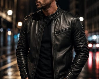 Chaqueta de camionero de piel de oveja auténtica para hombre – Chaqueta negra vintage con cierre de cremallera