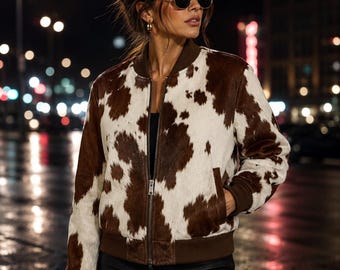 Chaqueta de motorista de piel de vacuno: piel de vacuno natural con pelo, corte ajustado.