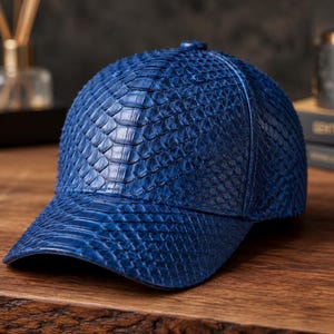 Casquette de baseball en cuir de python bleu | Chapeau exotique fait main pour hommes et femmes