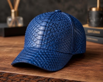 Gorra de béisbol de piel de serpiente pitón azul / Sombrero exótico artesanal para hombres y mujeres