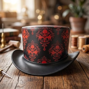 Handgemachte Schwarz Leder Hut - Rote Totenkopf Muster, Gothic Victorian Stil