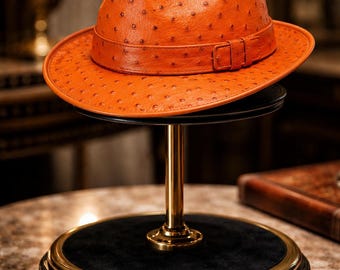 Sombrero Fedora de piel con relieve de avestruz, elegante, vintage, de ala ancha para hombre.