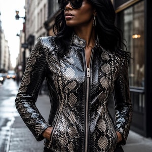 Könnte beinhalten: Eine taillierte Jacke mit einem glänzenden Schlangenledermuster in Schwarz und Metallic-Silber. Das Kleidungsstück verfügt über einen Stehkragen mit einem Druckknopf, einen durchgehenden silbernen Reißverschluss und zwei Reißverschlusstaschen.