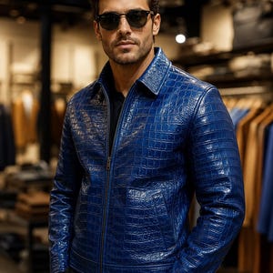 Crocodile Leather Jacket Men Zip Up Coat Luxury Gift