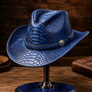 May include: A vibrant blue cowboy hat featuring a detailed snakeskin texture throughout the crown and brim. The hat is accented with a dark braided leather band that includes a circular silver-toned metal emblem on the front side.