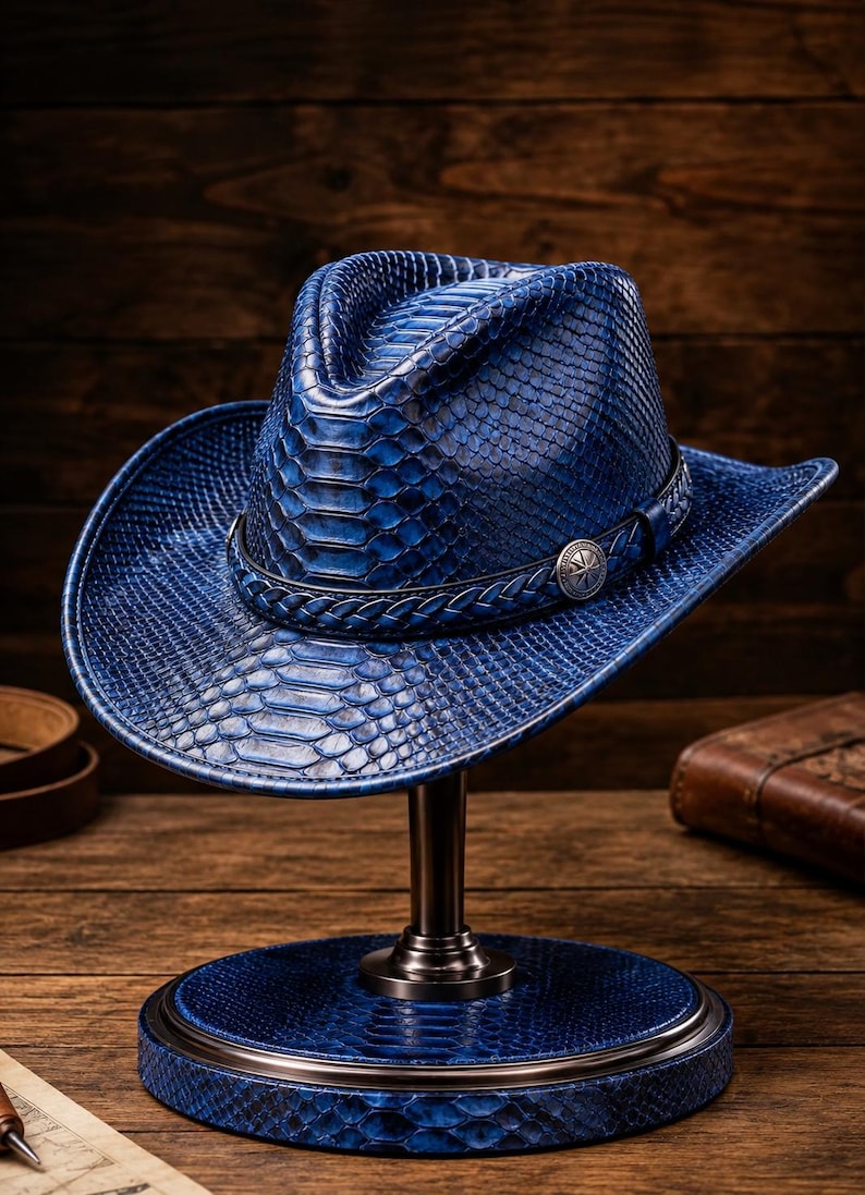 Handmade Python Pattern Leather Cowboy Hat: Western Rancher Style for Men