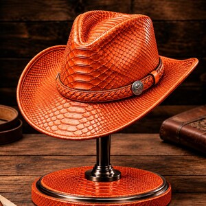 Handmade Python Pattern Leather Cowboy Hat: Western Rancher Style for Men