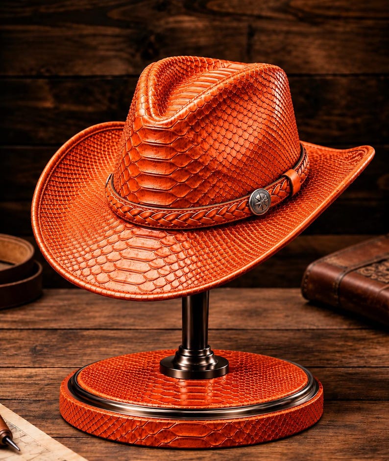 Handmade Python Pattern Leather Cowboy Hat: Western Rancher Style for Men