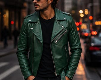 Handmade Green Leather Biker Jacket for Men | Classic Brando Asymmetrical Moto Jacket