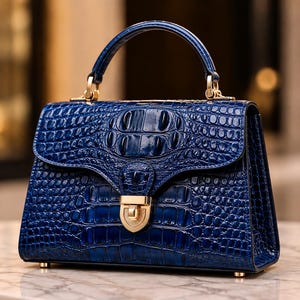 May include: A structured handbag in a deep royal blue color with a textured crocodile skin pattern. The bag features a single top handle, a gold-toned metal clasp closure on the front flap, and gold-toned hardware accents at the handle base.