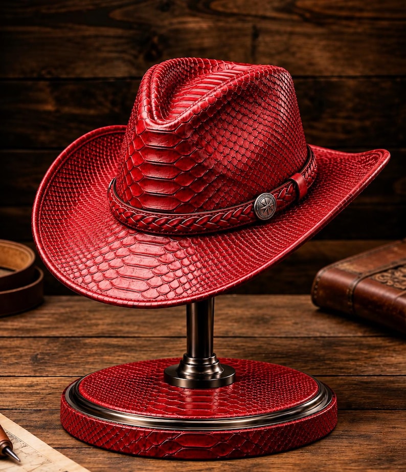 Handmade Python Pattern Leather Cowboy Hat: Western Rancher Style for Men
