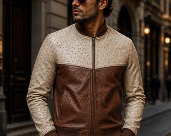 Chaqueta bomber bicolor de piel de avestruz beige y marrón / Prenda de abrigo exótica de lujo para hombre