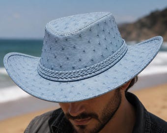 Sombrero vaquero hecho a mano de cuero azul con relieve de avestruz, estilo boho western, de cuero genuino, ala ancha, unisex.