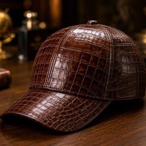 Peut inclure: Une casquette de baseball marron avec une texture en relief façon peau de crocodile brillante sur toute la surface. La casquette présente une calotte structurée, une visière incurvée et un petit bouton assorti au sommet, avec un motif d'écailles.