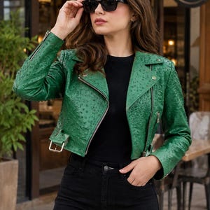 Women's Green Ostrich Leather Biker Jacket Genuine Soft Luxury Moto Motorcycle Style Fashion Coat
